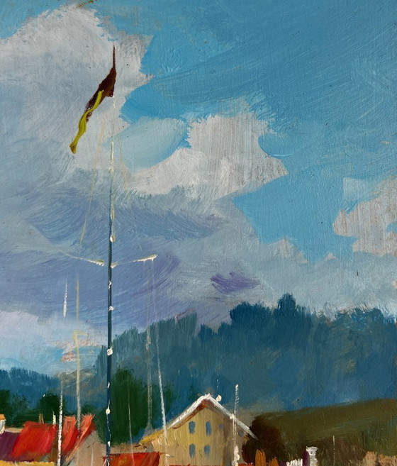 Image 1 of Origineel olieverfschilderij: Rivierboten, Landschap, Boten voor de kust van de stad