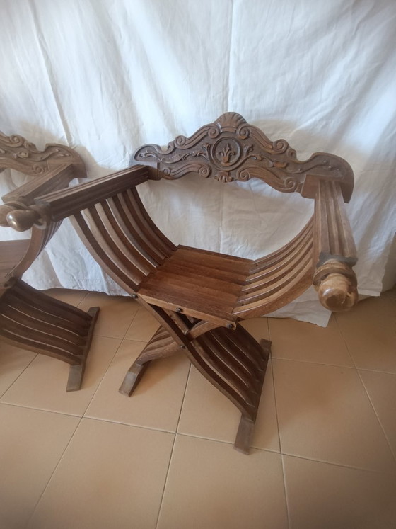 Pair of Savonarola chairs 50s (Italy), Folding chairs, Wood, Brown, Barok (photo 6 of 15)