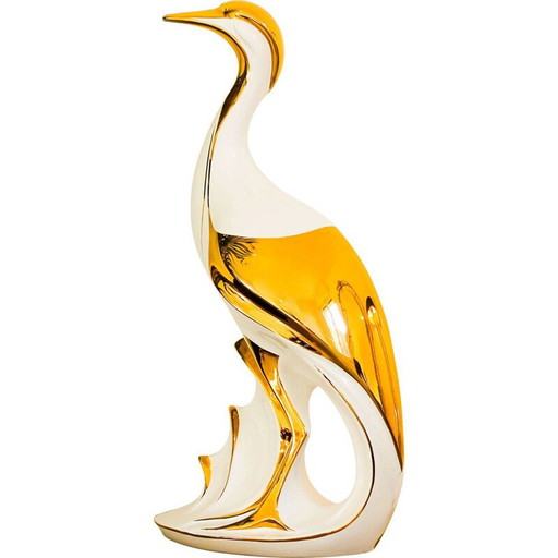 Vintage reiger in wit en goud gelakt bassano keramiek van Ahury, Italië 1970