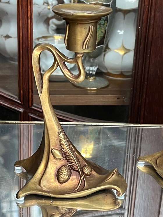 Coppia di portacandele in stile Art Nouveau. Bronzo massiccio. (foto 4 di 5)