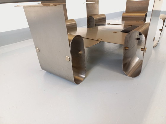 Image 1 of Large rectangular coffee table by François Monnet, vintage Space Age style, in steel and smoked glass from the 1970s