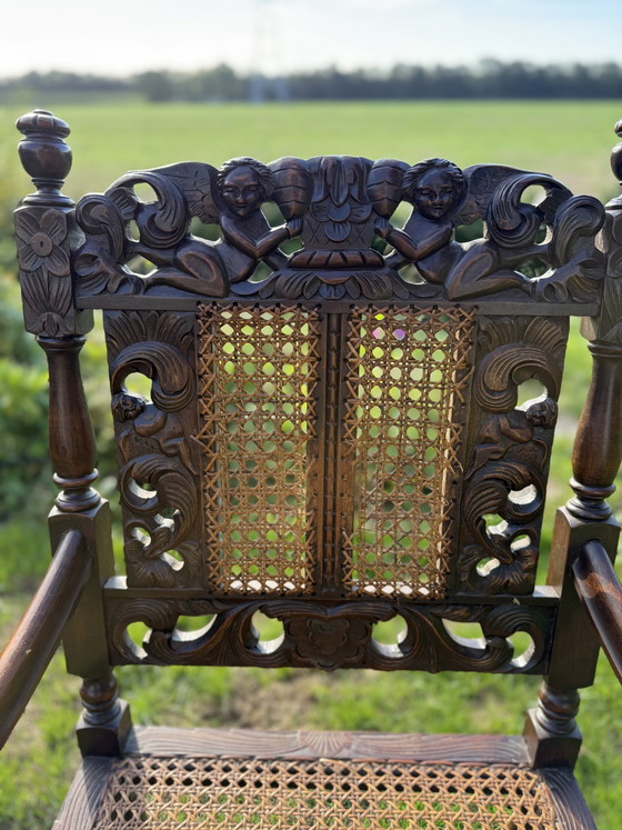 Antique English Carolean Armchair C.1900 – Carved Oak – Cherubs – Cane – Rattan, Wood (photo 4 of 9)