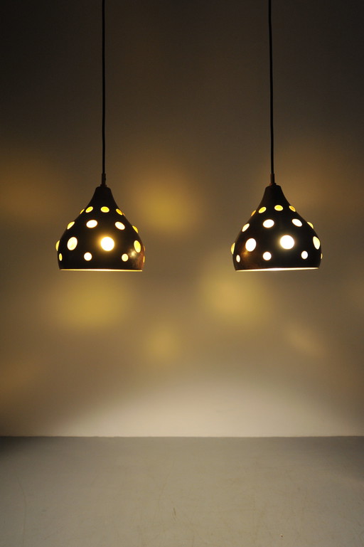 2x copper ceiling light with stained glass (1960s)