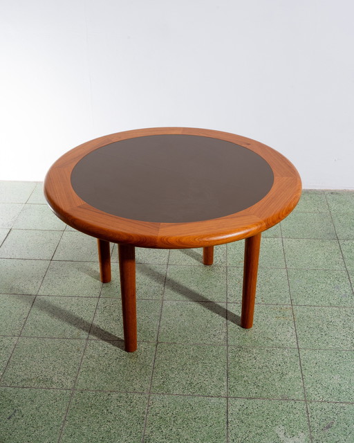 Table basse ronde en teck avec plateau en faïence