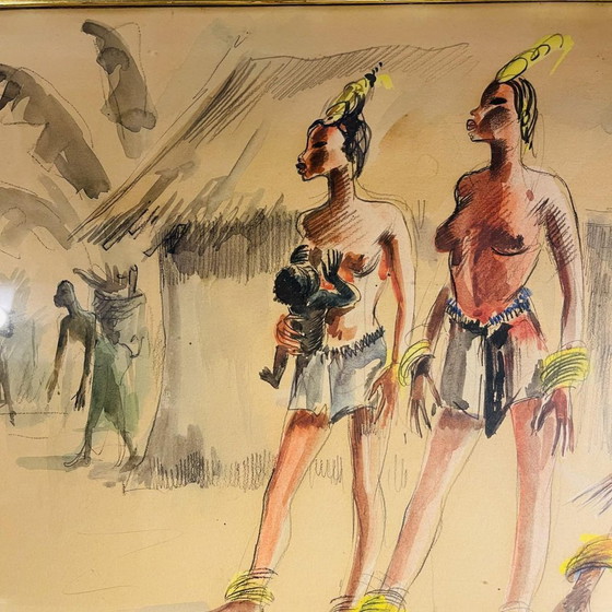 Paul Daxhelet, Femmes Primipares d'Afrique Centrale, années 1950, Techniques Mixtes sur Papier (photo 4 of 9)