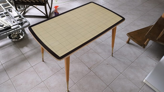 Image 1 of Mid-Century Crank Table / Dining Table – 1960s – Checkered Design & Brass Legs