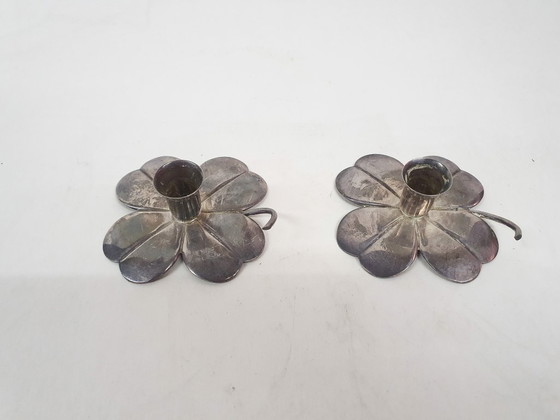 Image 1 of Set of two silver clover candleholders by Carl Frederik Christiansen, Denmark 1950's