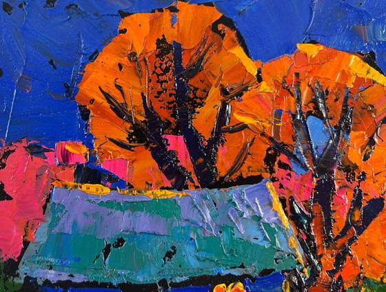 Image 1 of Original Oil Painting Sunset House Landscape When evening falls over the land