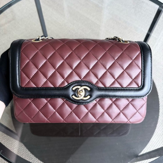 Image 1 of Chanel Chanel Seasonal Two-tone Flap Medium - Quilted Lambskin Dark Burgundy Red Black Gold Hardware Series 21