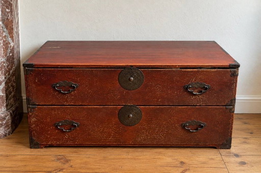 Japanese two-part Sendai isho kasane-dansu clothing chest, lacquered, iron fittings, with hidden drawers, Japan