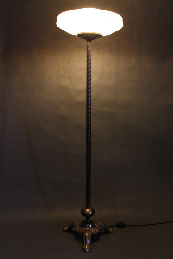 Image 1 of 1940S Restored Brass Floor Lamp With  Glass Shade