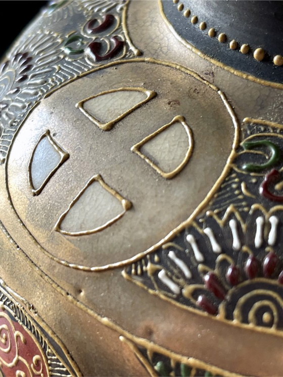 Image 1 of Pair of early 20th-century Satsuma Japanese vases – polychrome and gilt decoration with figures – workshop signature – 31 cm