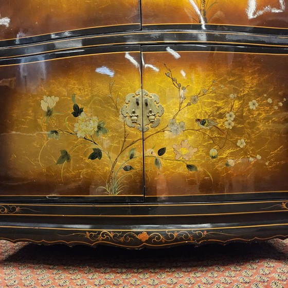 Image 1 of Vintage Chinese cabinet birds, flowers gold leaf bohemian cabinet / oriental cabinet / chinese cabinet