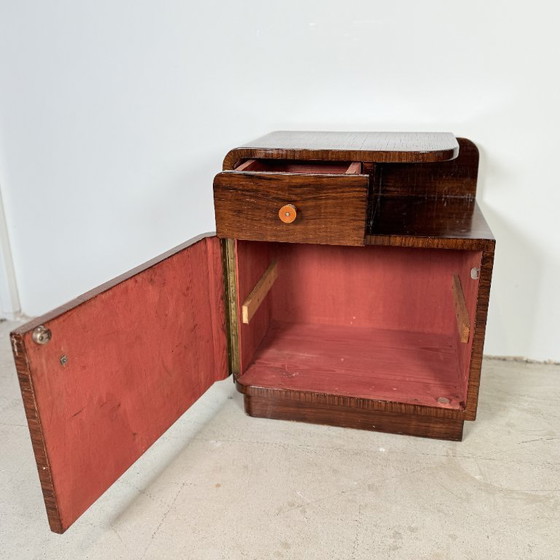 Image 1 of Set di comodini art déco marrone scuro con maniglie in bachelite