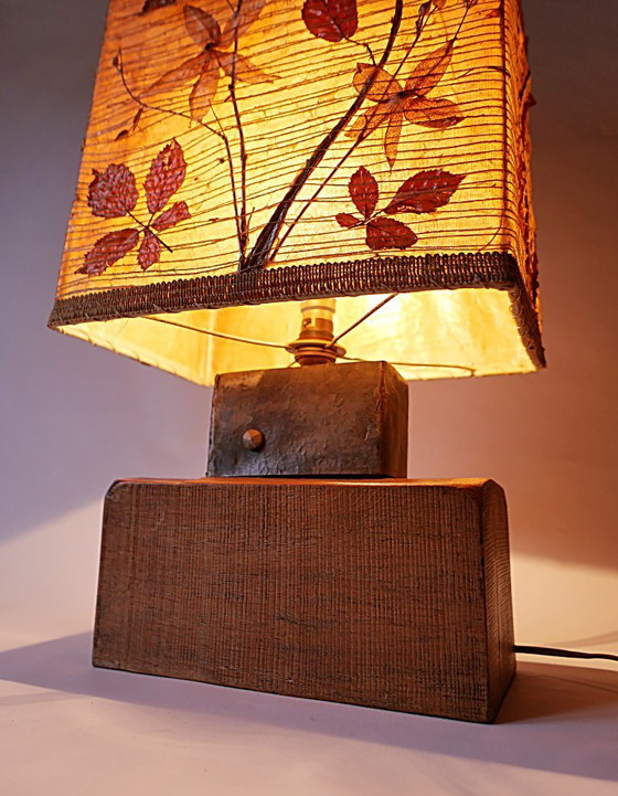 Image 1 of Grande lampe vintage années 70 design 1970 style ACCOLAY bois metal tissu