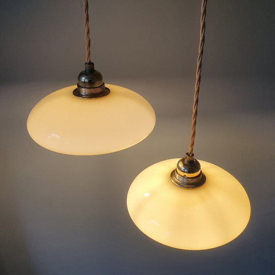 Image 1 of Vintage French pendant lamp set - of pastel yellow opaline glass.