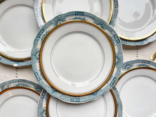 7 Assiettes Terre de Fer Bleues Onnaing + 7 Petites Assiettes Dépareillées en Porcelaine de Limoges