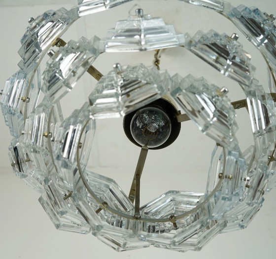 Image 1 of 3-tier mid century PENDANT LIGHT with 27 hexagonal glass panels 1960s 70s chandelier