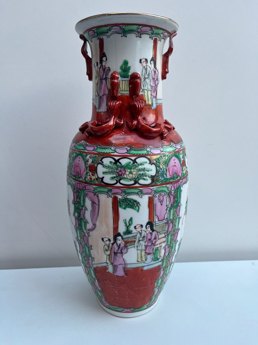 Vaso Vintage Cinese Famille Rose 37cm - Canton Medallion - Draghi Rossi - Macao