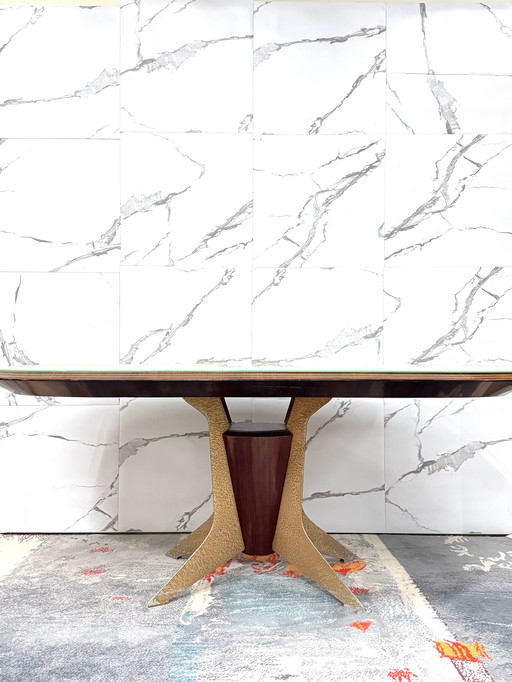 TABLE DE SALLE À MANGER DES ANNÉES 1950 EN PALISSANDRE, VERRE MARBRÉ ET LAITON