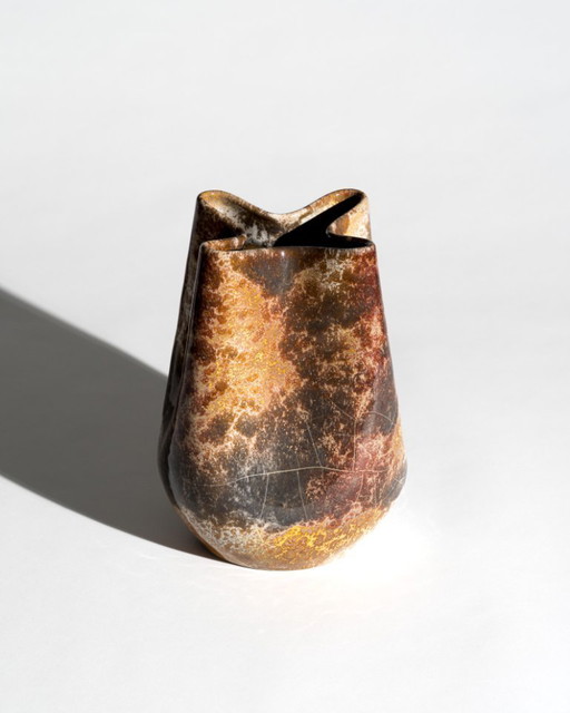 Richard Uhlemeyer Sculptural Studio Ceramic Vase – Rare Organic Form with Crystalline Metallic Glaze, Germany, 1970s