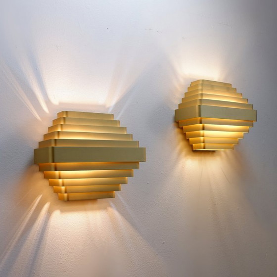 Image 1 of Paar vergoldete Aluminium-Wandleuchten von Jules Wabbes - 2 Paare verfügbar (1)