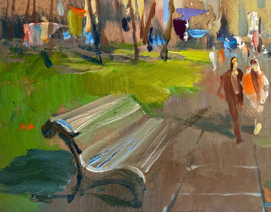 Image 1 of Origineel olieverfschilderij: Herfststadslandschap, gouden herfst in het park