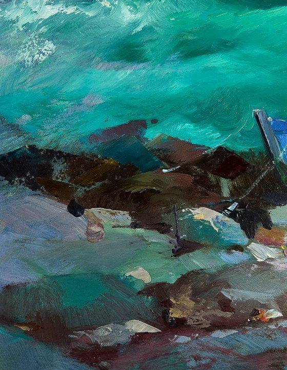 Image 1 of Original Oil Painting Coastal Waves Landscape Fishermen at sea