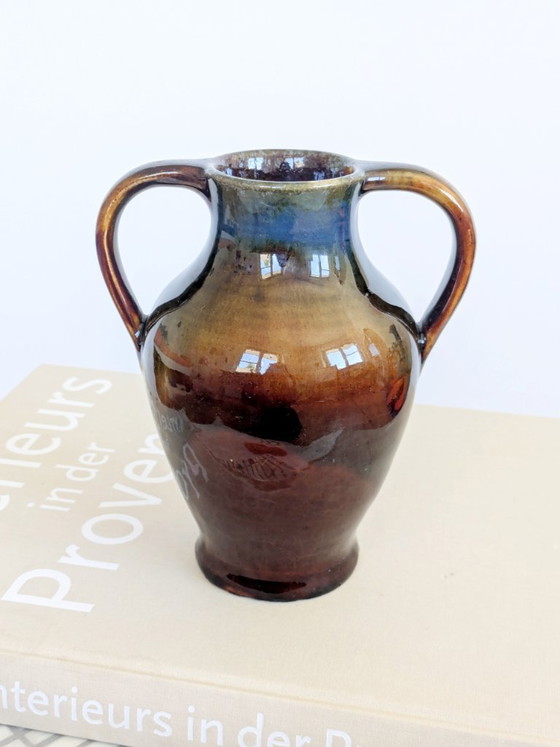 Image 1 of Anfora in ceramica vintage, smalto Fat Lava, decorazione da mensola in stile boho di metà secolo.