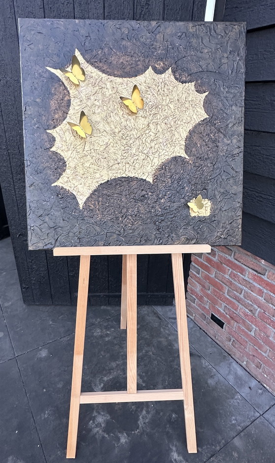 Image 1 of Acrylic painting on linen canvas, handmade brass butterflies