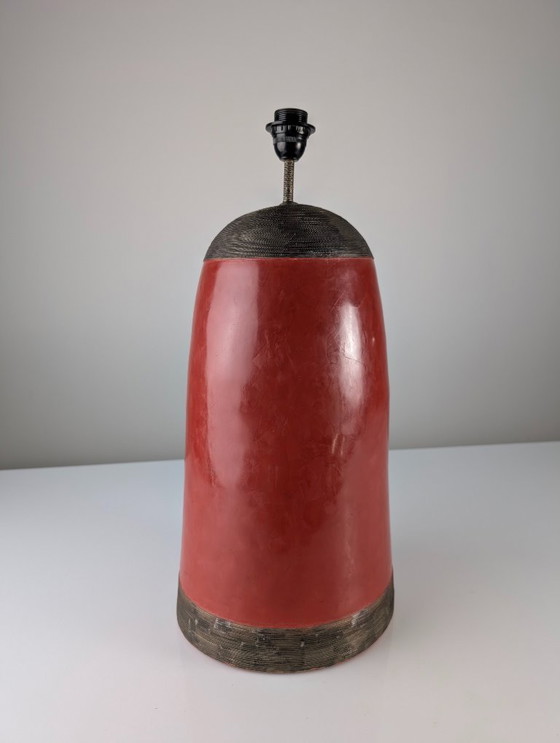 Image 1 of Red Terracotta Table Lamp with Metal Filigree, Vintage 1980s Design