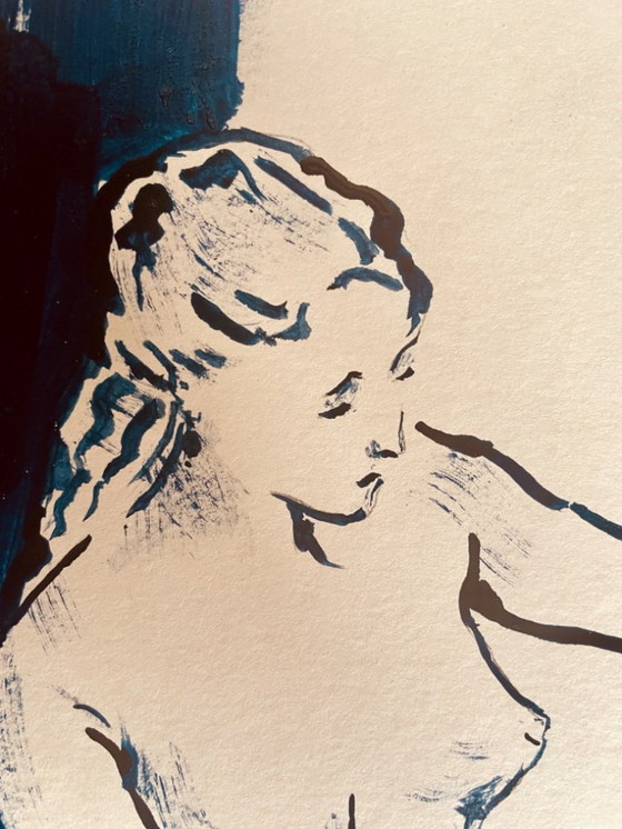 Image 1 of Indigo Blue Ink Painting "Female Model Drawing in the Painter's Studio"