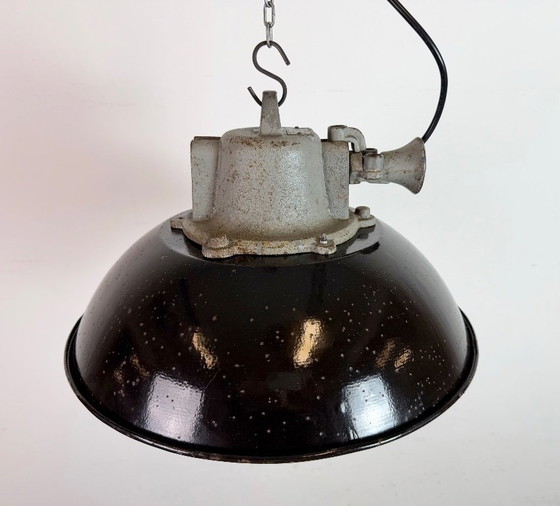 Image 1 of Black Enamel and Cast Iron Industrial Cage Pendant Light, 1960s