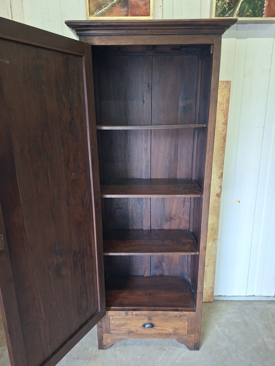 Image 1 of Rustic tall, narrow teak cabinet with shelves, dimensions: 81x46cm and 201cm high.