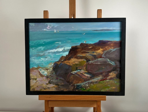 Original Oil Painting Coastal Rock Landscape Sea Symphony of Waves