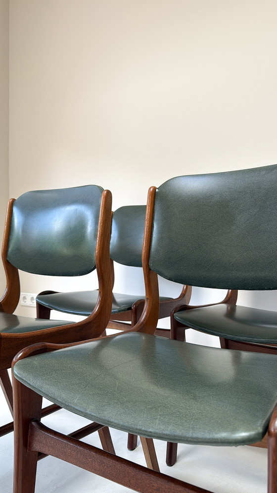 Image 1 of Four vintage wooden chairs with green imitation leather