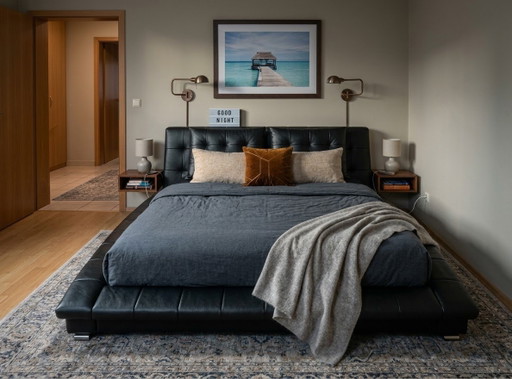 Cama de diseño en piel auténtica (160x200 cm) en color negro – modelo “Lille” / “Royal” – tweepersoonsbedden, Leather, Metal