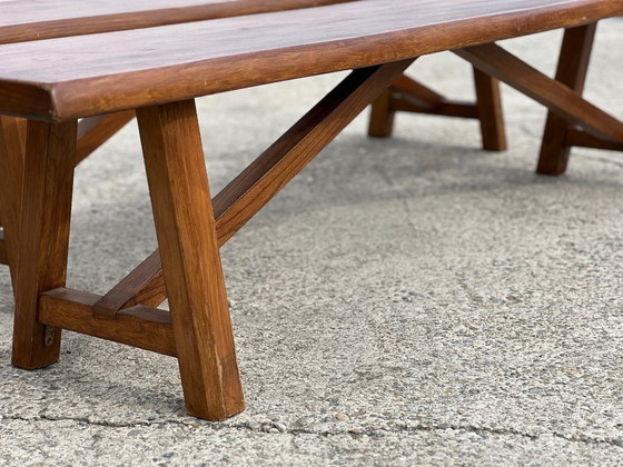 Image 1 of Pair of vintage solid wood benches from the 1960s