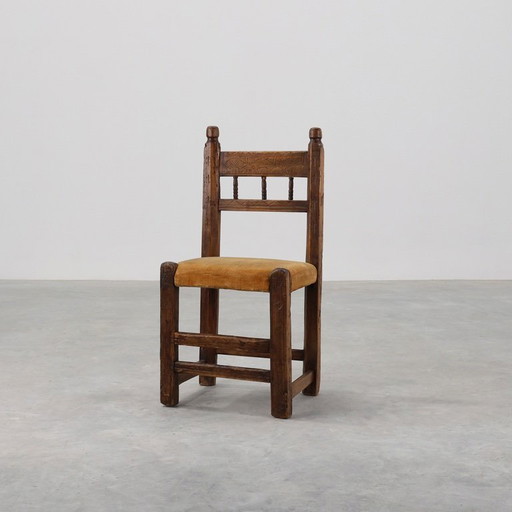 Sedia laterale spagnola in rovere intagliata a mano del XIX secolo con seduta in velluto