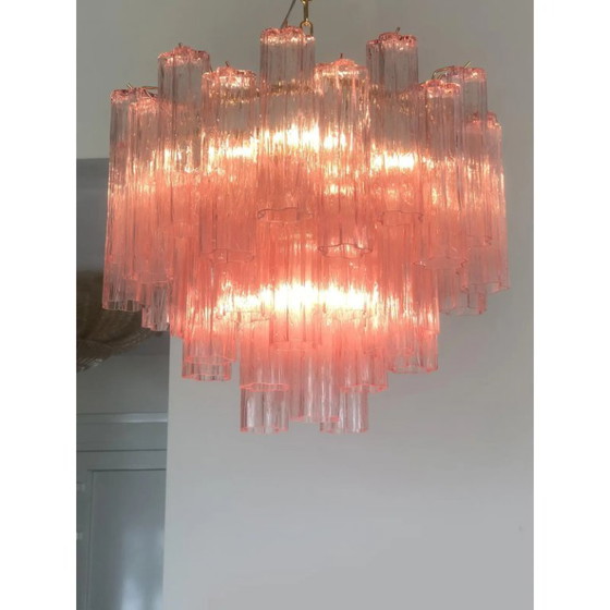 Image 1 of Lustre contemporain scénographique en verre de Murano rose « Tronchi » de style Venini