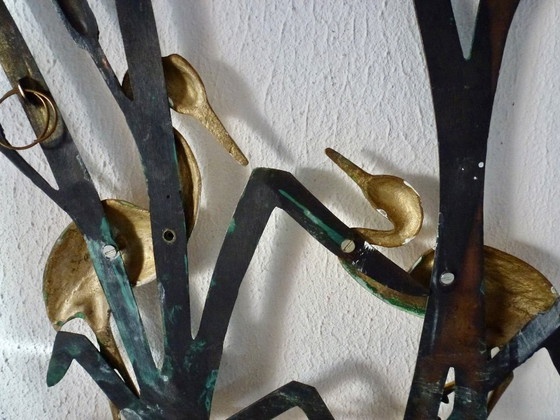 Image 1 of Decorazione murale vintage in ottone con due gru tra le canne.