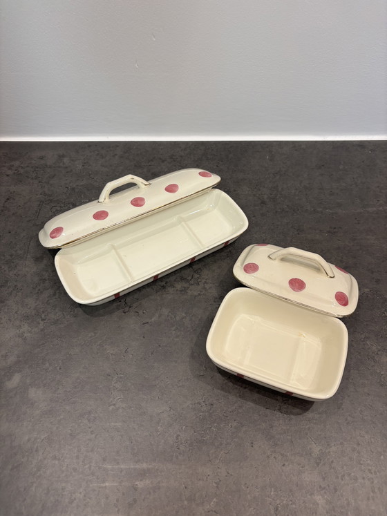 Image 1 of Vintage Boch Frères La Louvière Belgian Bathroom Set — Pink Polka Dot & Stripe