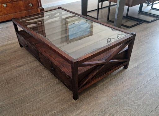 Salontafel Raffles Stijl, Antiek Look, Izgs. Met Glasplaat En 2 Lades – Wood