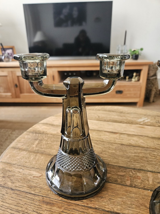 Image 1 of Bellissimo set di candelabri vintage Art Déco in vetro fumé (20 cm)