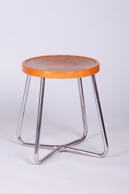 Restaurierter Bauhaus Hocker, von Mücke-Melder, Buche, Chrom, poliert, Tschechisch, 1930er Jahre