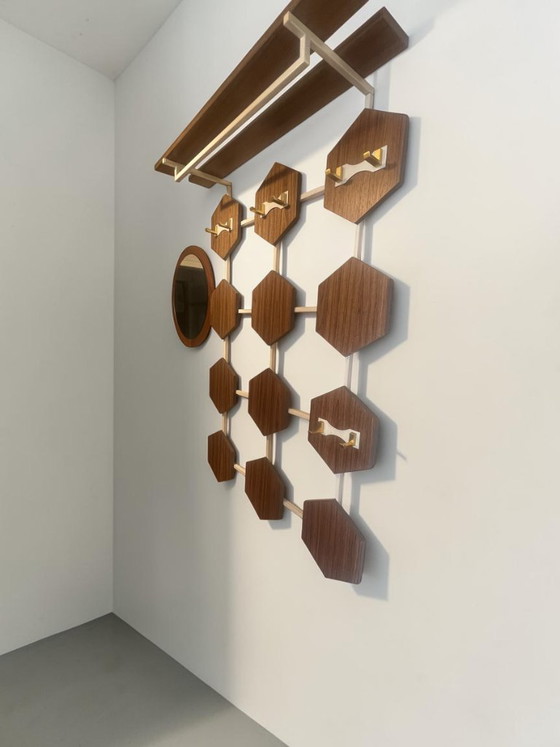 Image 1 of Danish Modern Garderoben-Kombination mit Cadovius Schuhschrank, geometrischer Wandgarderobe & massivem Teakspiegel