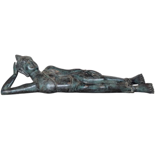 Bouddha Couché en Bronze Antique de Thaïlande avec Traces de Dorure, Statue Parinirvana, 77 cm