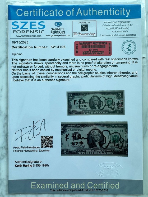 Image 1 of Keith Haring 2 dollar bill authentically signed and signed with certificate
