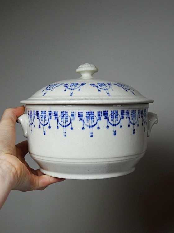 Image 1 of Antique glazed ironstone bouillon/casserole dish with blue St Uze decoration