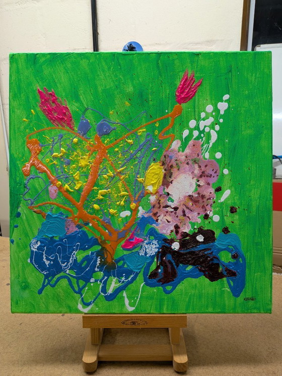 Image 1 of St Ives Abstract Sea and Garden Painting 3 Oil and Acrylic on Canvas Unframed 40x40cm Drip Oil Painting and Acrylic Pallet Knife